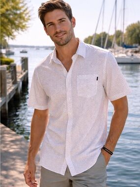 Hurley White Short-Sleeve Button-Down with Blue Micro Print